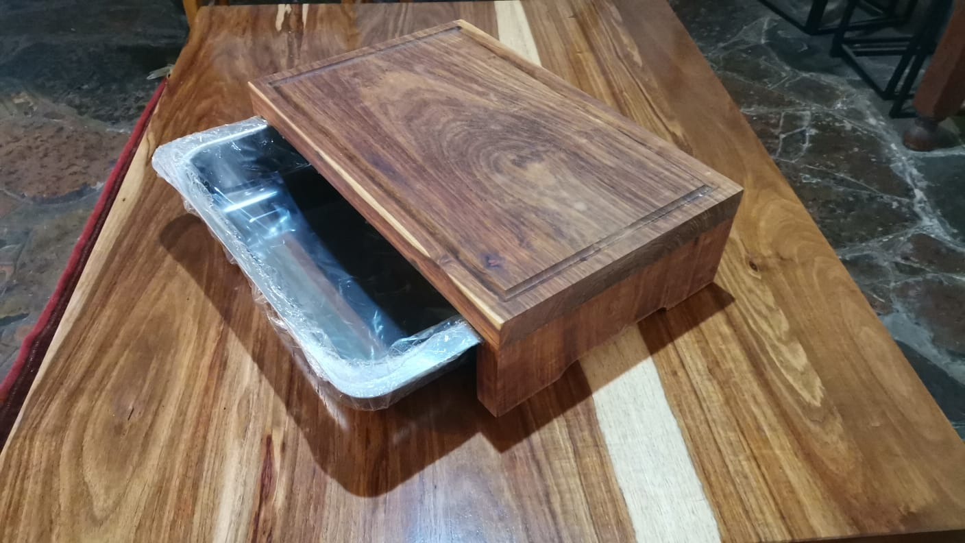 Real Kiaat & Steel Board with its stainless steel tray slid out