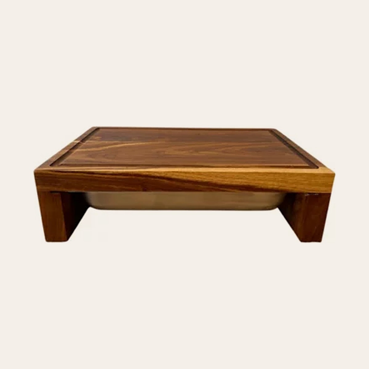 Kiaat & Steel Board, front view, with stainless steel tray underneath